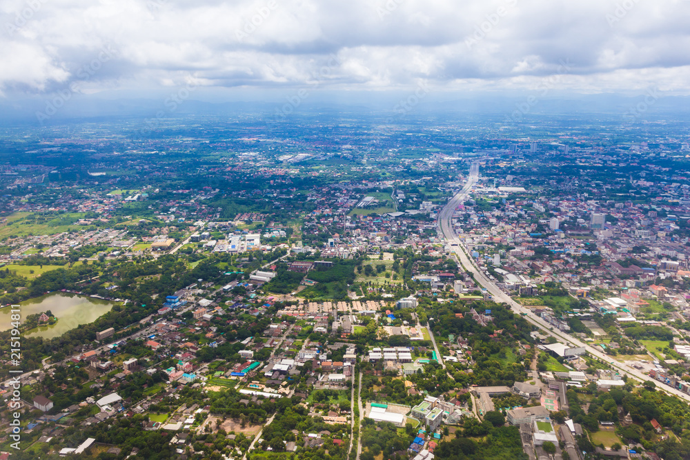 Aerial view of Chiang Mai, Thailand on a beautiful day with partially cloudy