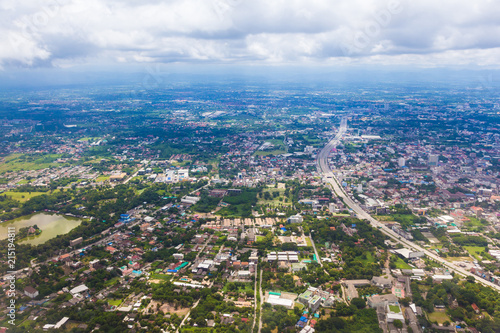 Aerial view of Chiang Mai, Thailand on a beautiful day with partially cloudy