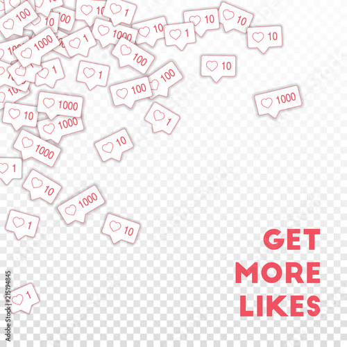 Social media icons. Social media marketing concept. Falling pink like counter. Scattered top left co