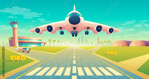 Vector takeoff of the plane on a landing strip for airplanes near of terminal, control room in tower. Asphalt runway - crossroad for passenger transportation, landscape with hangars, buildings.