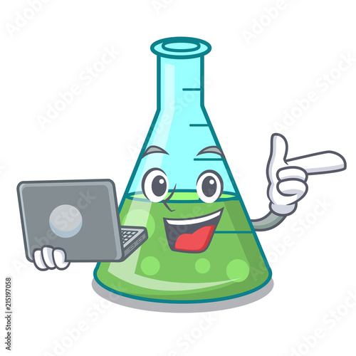 With laptop science beaker character cartoon