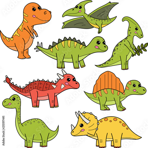 Cute cartoon dinosaurs  Ankylosaurus  Brachiosaurus  Parasaurolophus  Pterodactylus  Spinosaurus  Stegosaurus  Triceratops  Tyrannosaurus Rex. Vector illustration.