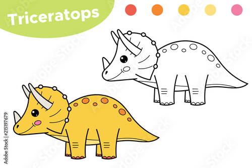 Coloring page for kids. Funny cartoon dinosaur Triceratops. Hand drawn character. Educational game. Vector illustration.