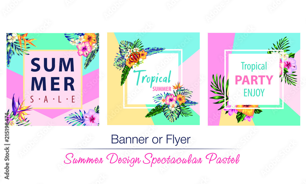 tropical flowers and palms summer banner graphic background exotic floral invitation flyer, Spectacular pastel