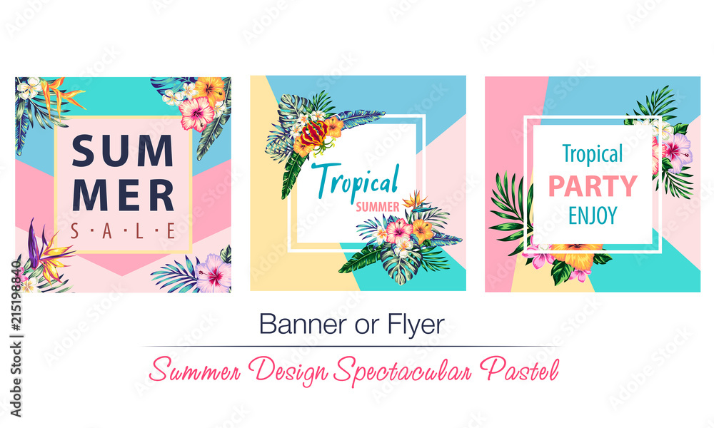 tropical flowers and palms summer banner graphic background tropical flowers and palms summer banner graphic background