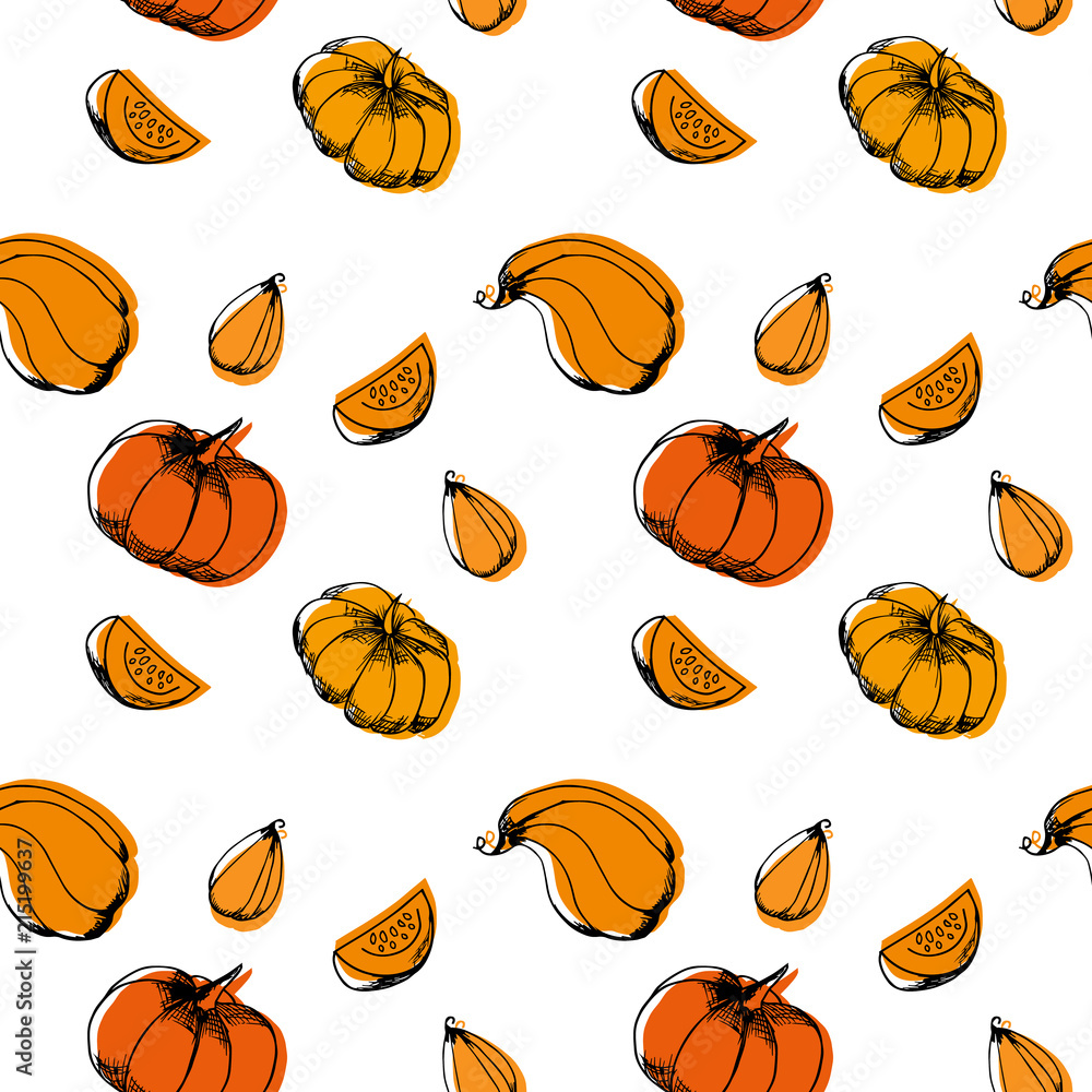 Hand drawn pumpkins pattern.Different kinds of pumpkins.Autumn pattern background. Vector illustration.
