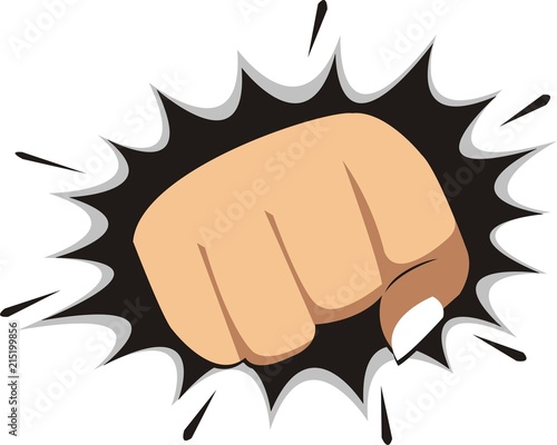 Hand blow breaking trough the wall paper. vector illustration.