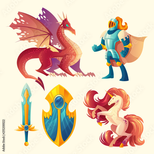 Vector set of fantasy game design objects isolated on white background. Knight in armor, red dragon, fantastic unicorn, magic shield, royal sword. Magical characters, ui concept.
