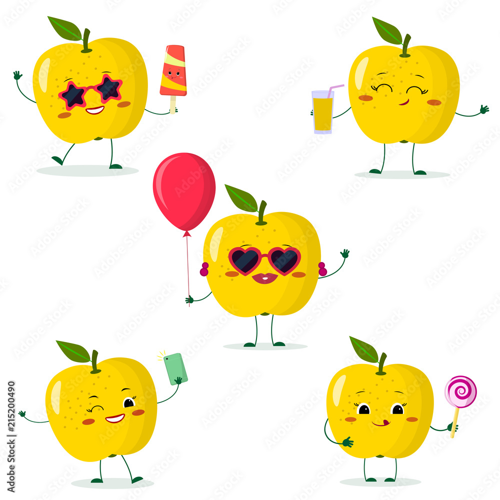 A set of five yellow apple Smiley in different poses in a cartoon style. A set of five yellow apple Smiley in different poses in a cartoon style.