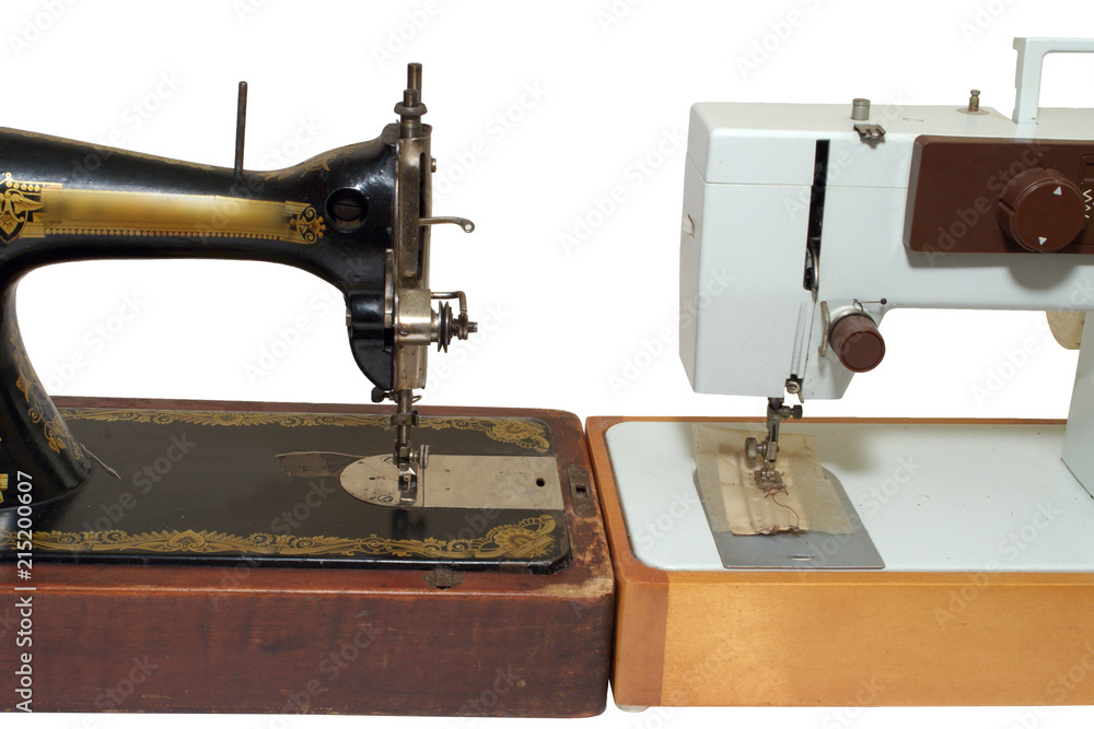 old and new sewing machines, stand against each other. mechanical vs electrical, vintage vs modern, concepts. isolated on white background, with clipping path