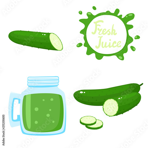 Vector set of cucumber juice and cucumbers isolated on white.