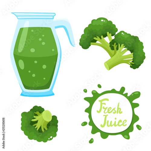 Vector set of broccoli juice and broccoli isolated on white.