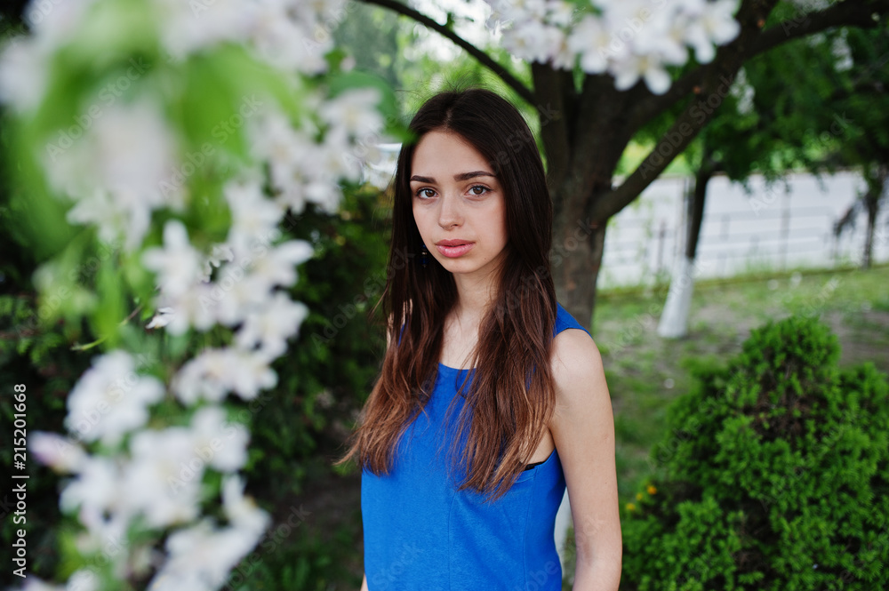 Teenage girl in blue dress posed outdoor at sunny day. Teenage girl in blue dress posed outdoor at sunny day.