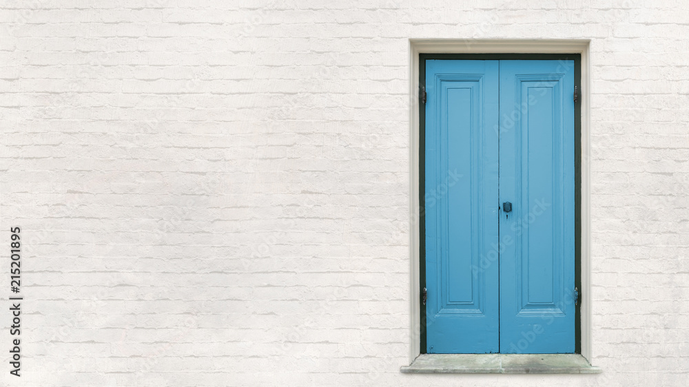 front blue wooden door with white block wall background, elements of architecture