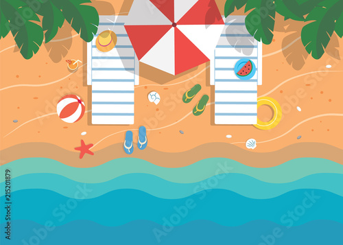 Beach view from above, flat summer illustration. Two chaise longues, umbrella, sea shells, flip flops, sand, waves and waves.