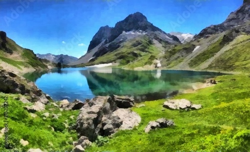 Hand drawing watercolor art on canvas. Artistic big print. Original modern painting. Acrylic dry brush background. Beautiful mountain landscape with a wild lake.  