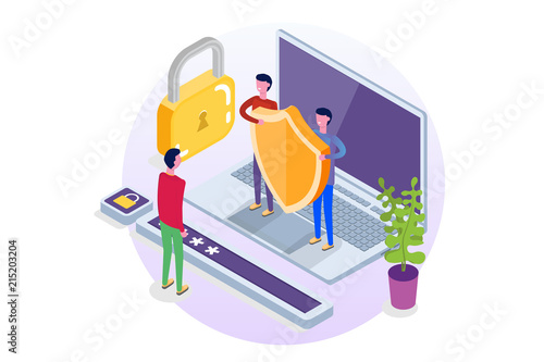 GDPR, Data Protection isometric concept, Network data, Internet security, Secure bank transaction.    Character Vector illustration.