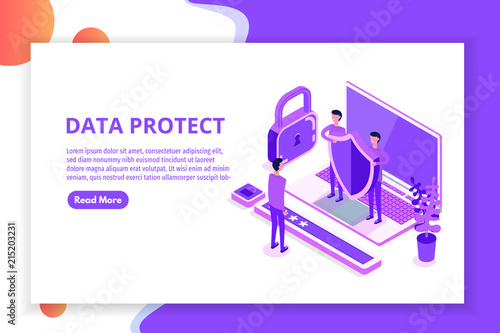 GDPR, Data Protection isometric concept, Network data, Internet security, Secure bank transaction.    Character Vector illustration.