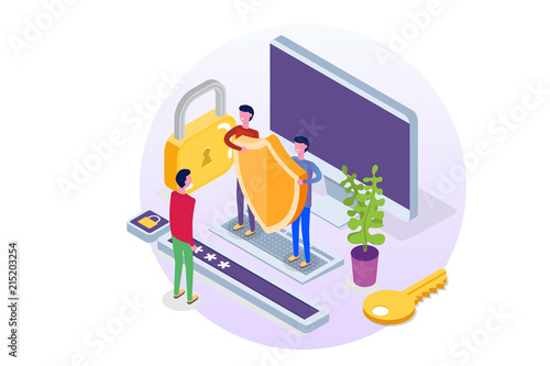 GDPR, Data Protection isometric concept, Network data, Internet security, Secure bank transaction.    Character Vector illustration. photo