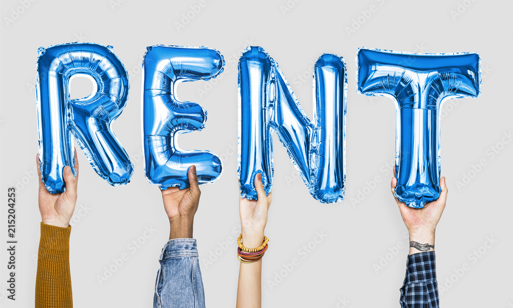 Blue alphabet balloons forming the word rent