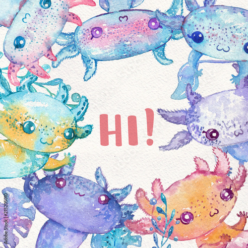 Watercolor cute axolotl characters, cute card