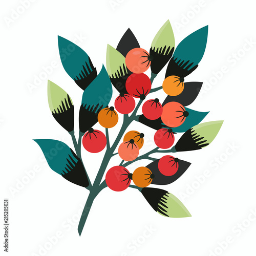 Green leaves, a bunch of red berries, rowan. On a white background. Art illustration for your design.