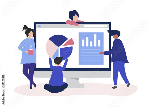 Characters of people analyzing graphs and diagrams illustration