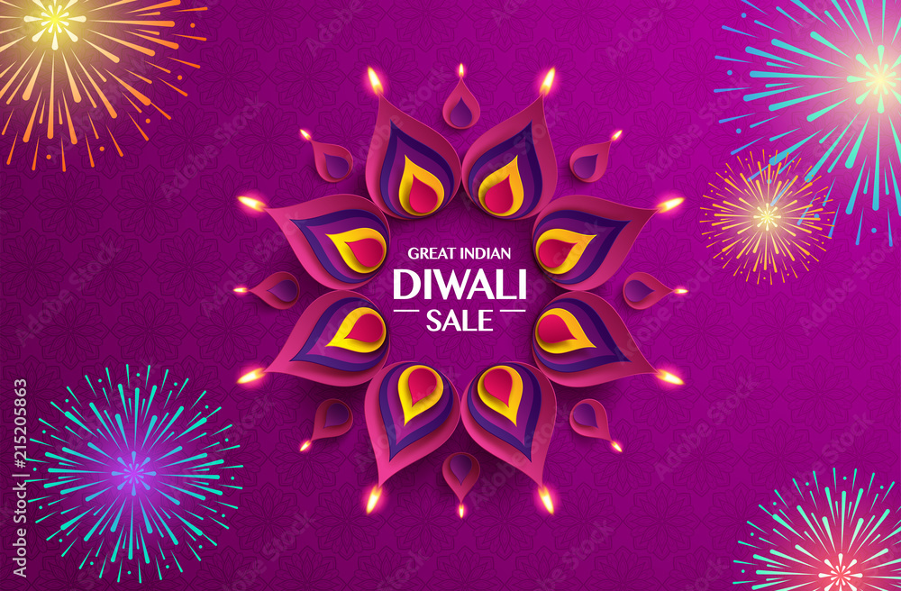 Fototapeta premium Great Indian Diwali festival big sale. Background with the paper graphic of Indian Rangoli and fireworks.