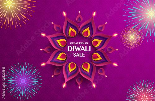 Great Indian Diwali festival big sale. Background with the paper graphic of Indian Rangoli and fireworks.