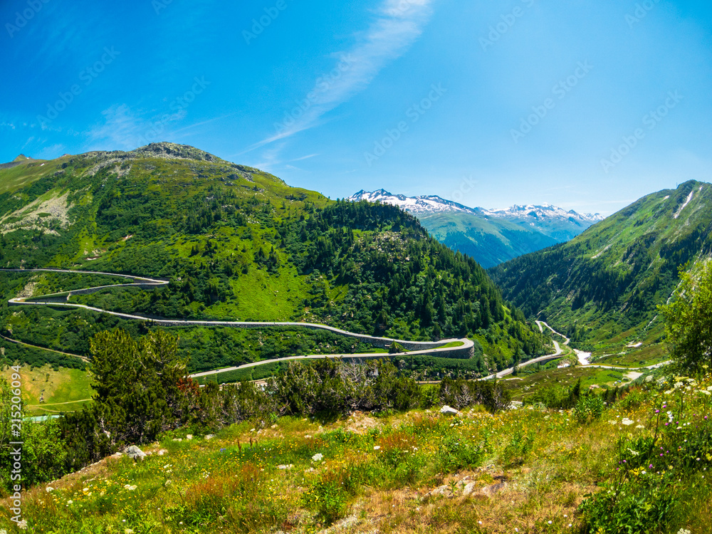Fototapeta premium Summer landscape of Switzerland mountain nature, road to Furkapass