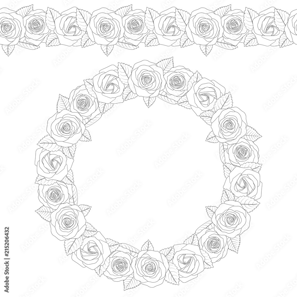Black and white illustration of a round wreath and seamless pattern of roses. Isolated vector object on white background. Black and white illustration of a round wreath and seamless pattern of roses. Isolated vector object on white background.