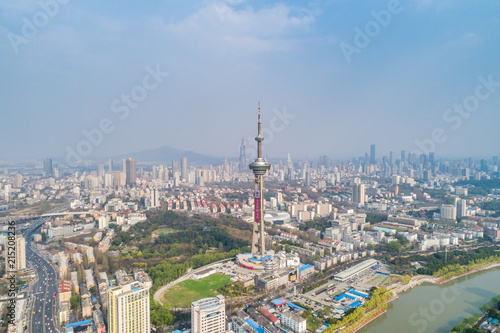 Aerial view over the Nanjing city  urban architectural landscape