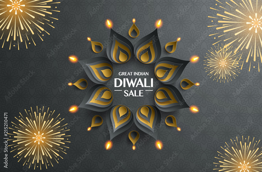 Fototapeta premium Great Indian Diwali festival big sale. Background with the paper graphic of Indian Rangoli and fireworks.