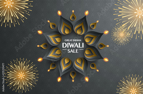 Great Indian Diwali festival big sale. Background with the paper graphic of Indian Rangoli and fireworks.