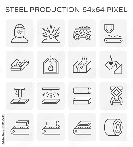 Steel production industry, manufacturing and metallurgy vector icon consist of worker, mining, factory plant and machine i.e. production line, furnace, foundry. Include process to casting product.