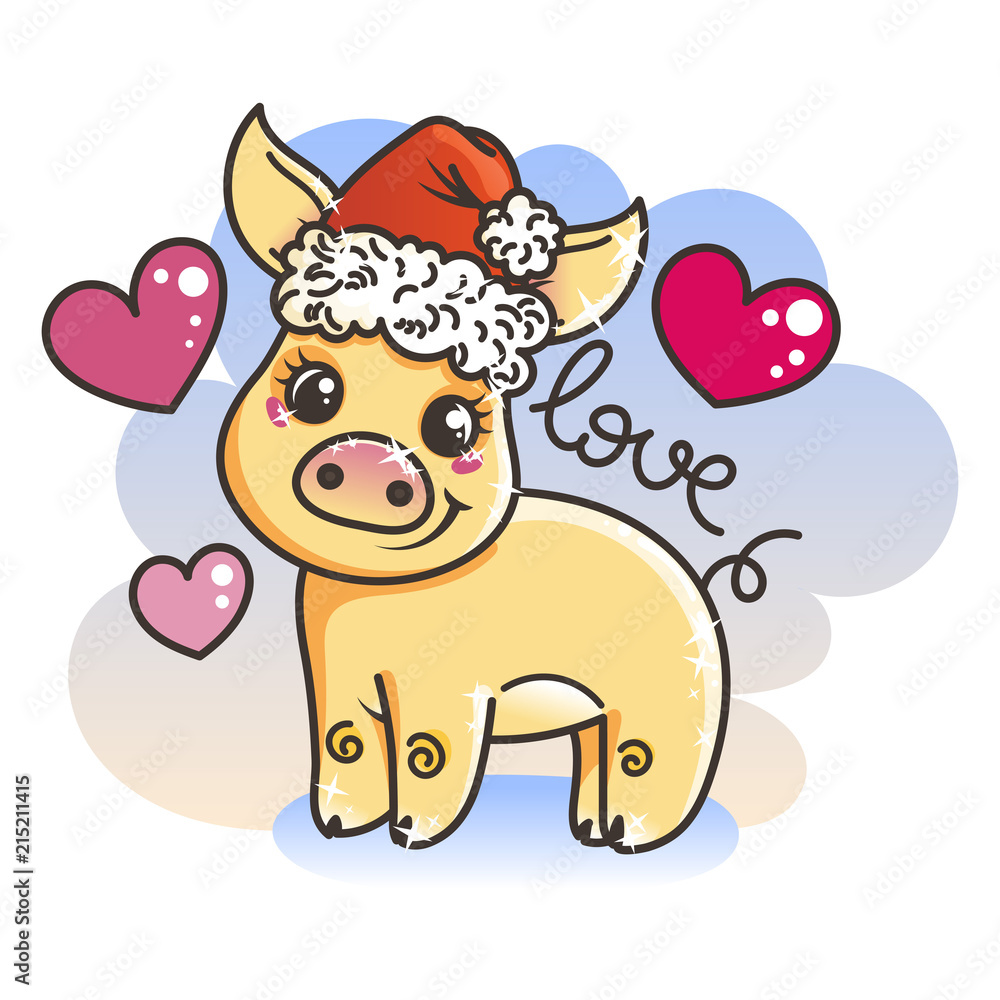 Happy New 2019 Year card with cartoon golden baby pig. Small symbol of holiday. Happy New 2019 Year card with cartoon golden baby pig. Small symbol of holiday.