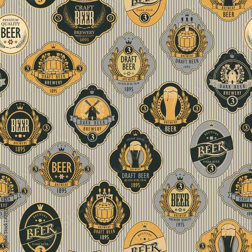 Vector seamless pattern on the theme of beer with various beer labels with images of barrels, beer glasses, mills, laurel wreathes, ears of wheat and other in retro style on striped background