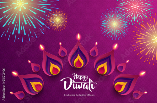 Happy Diwali. Celebrating the festival of lights. Background with the paper graphic of Indian Rangoli and fireworks.