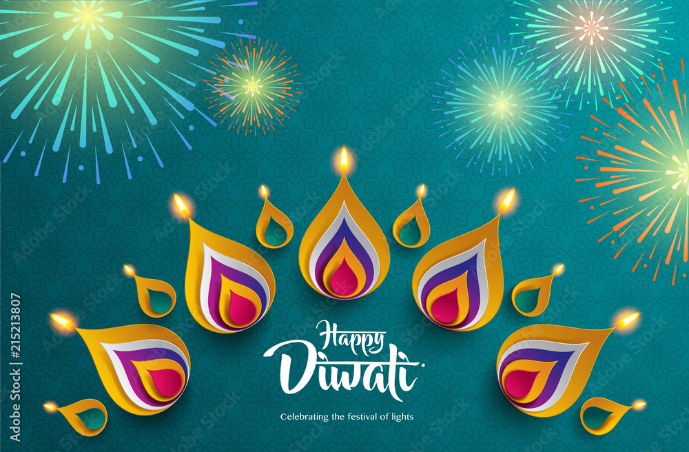 Fototapeta premium Happy Diwali. Celebrating the festival of lights. Background with the paper graphic of Indian Rangoli and fireworks.