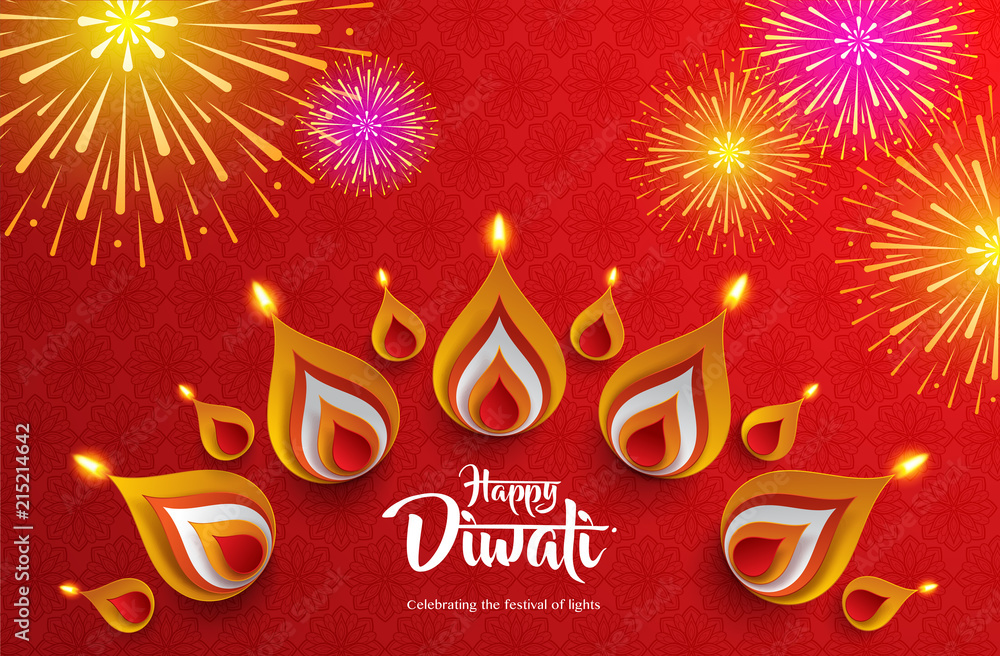 Happy Diwali. Celebrating the festival of lights. Background with the paper graphic of Indian Rangoli and fireworks. Happy Diwali. Celebrating the festival of lights. Background with the paper graphic of Indian Rangoli and fireworks.