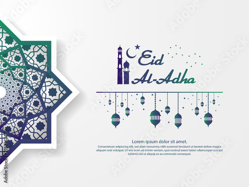 Eid Al Adha Mubarak greeting Design. abstract mandala with pattern ornament and lantern element. islamic invitation Banner or Card Background Vector illustration.