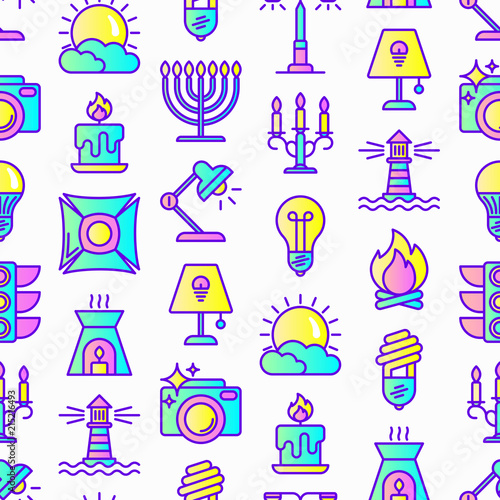 Lighting seamless pattern with thin line icons: bulb, LED, CFL, candle, table lamp, sunlight, spotlight, flash, candelabrum, bonfire, menorah, lighthouse, night aroma lamp. Modern vector illustration.