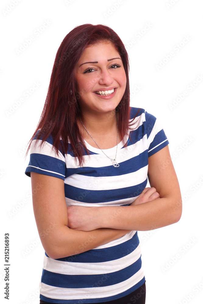 happy young woman with toothy smile isolated on white happy young woman with toothy smile isolated on white