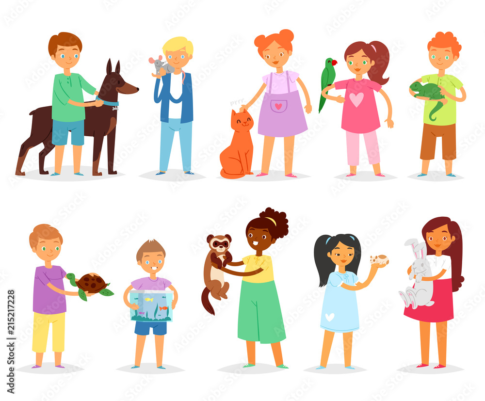Kids children with pet vector girls and boys playing with animal characters cat dog or puppy illustration set of person girl or boy with turtle or parrot isolated on white background Kids children with pet vector girls and boys playing with animal characters cat dog or puppy illustration set of person girl or boy with turtle or parrot isolated on white background