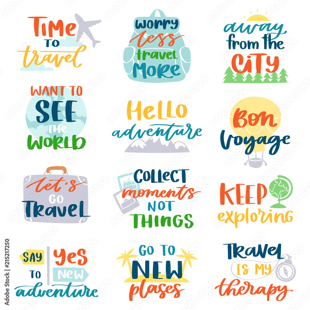 Travel lettering vector adventure calligraphy text or traveling quote sign for poster typography illustration set of vacation or tourism typographic print isolated on white background