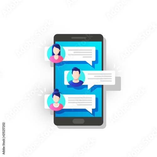 People chatting on mobile. Chat notification on phone, messages bubbles on screen with avatars. Vector illustration.
