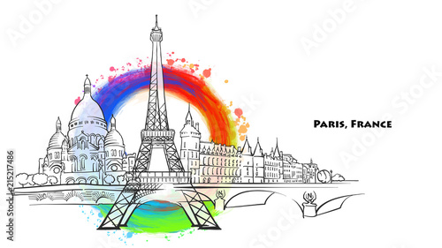 Paris landmarks with colored background
