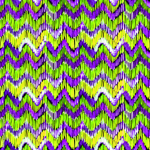 Watercolor green and lilac ikat vibrant seamless pattern. Trendy tribal pattern in watercolour style. Peacock feather for fabric, textile, ceramic