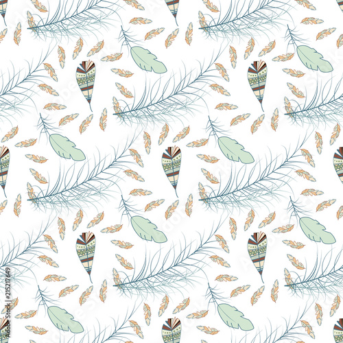 Tribal feather seamless pattern background bird nature wing element vector graphic illustration hand drawn style.