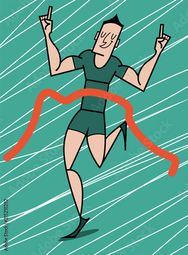 young Caucasian male athlete crosses the finish line, vector illustration